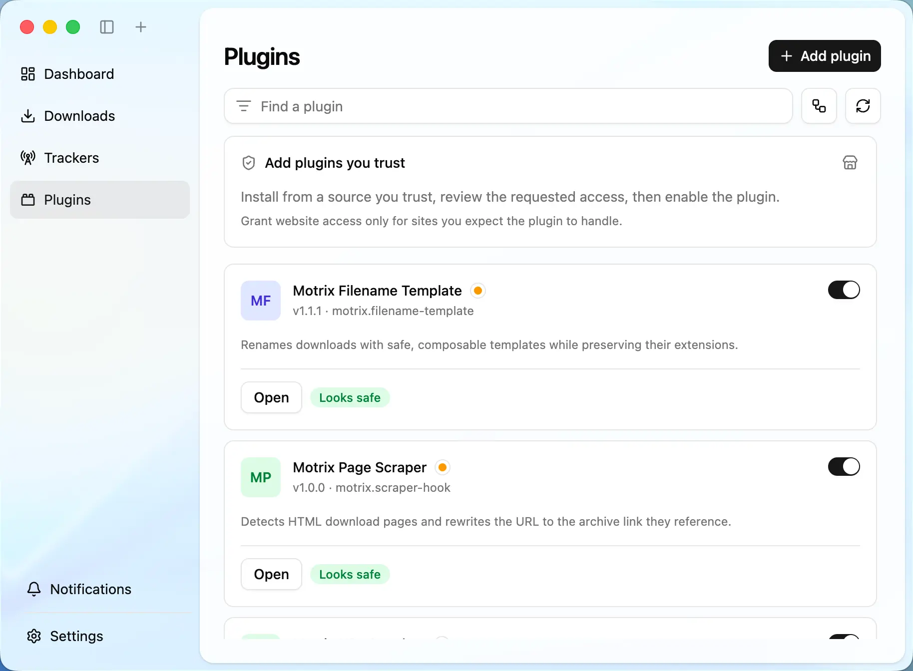 Extend with plugins — Motrix app interface